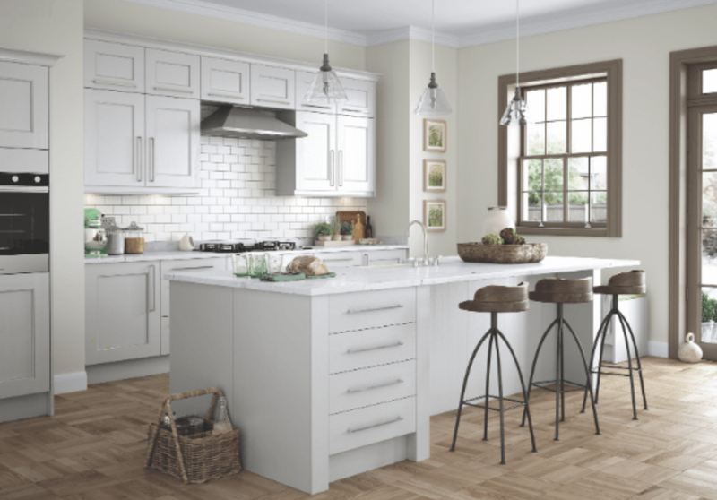 pale-grey-shaker-kitchen-with-wooden-bar-stools What a Kitchen Colour Consultation and Respray Includes
