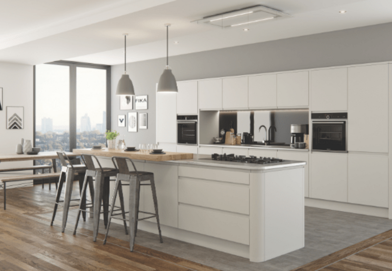 white-handleless-kitchen-with-wood-dining-table-city-view Pricing for a Kitchen Colour Change or Respray
